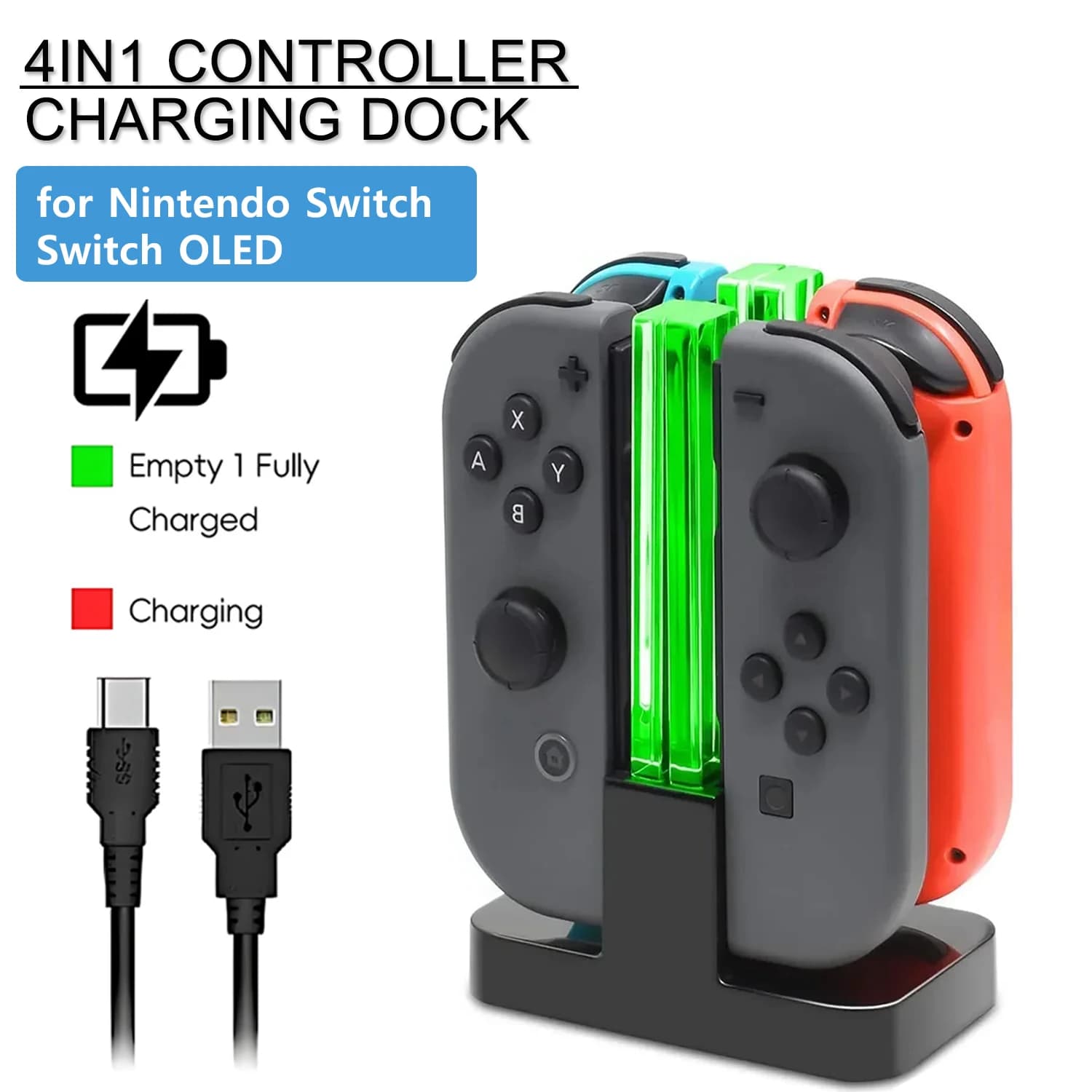 Supporto per caricabatterie a LED 4 in 1, indicatore per stazione dock per NS Switch NS per controller Joy-Con, supporto per stazione dock di ricarica, accessori per giochi