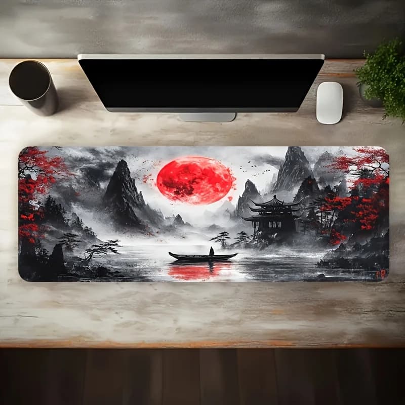 Aesthetic Red Moon Landscape Desk Mat, Extended Non-Slip Rubber Gaming Mouse Pad with Ink Wash Art Design