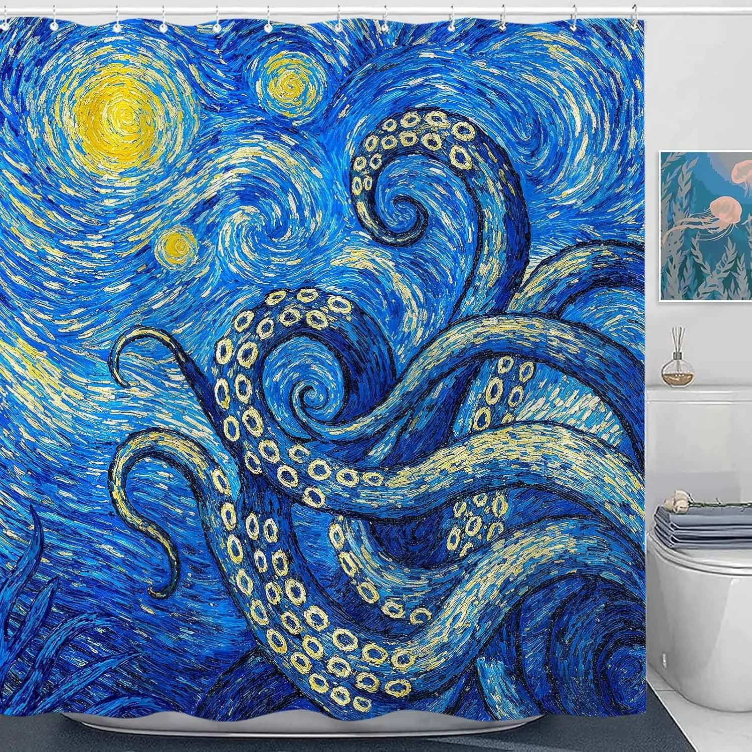 Set di tende da doccia artistiche con polpo, stampa oceano stellato, tenda da doccia impermeabile per bagno, misteriosa vita marina, arte per la casa