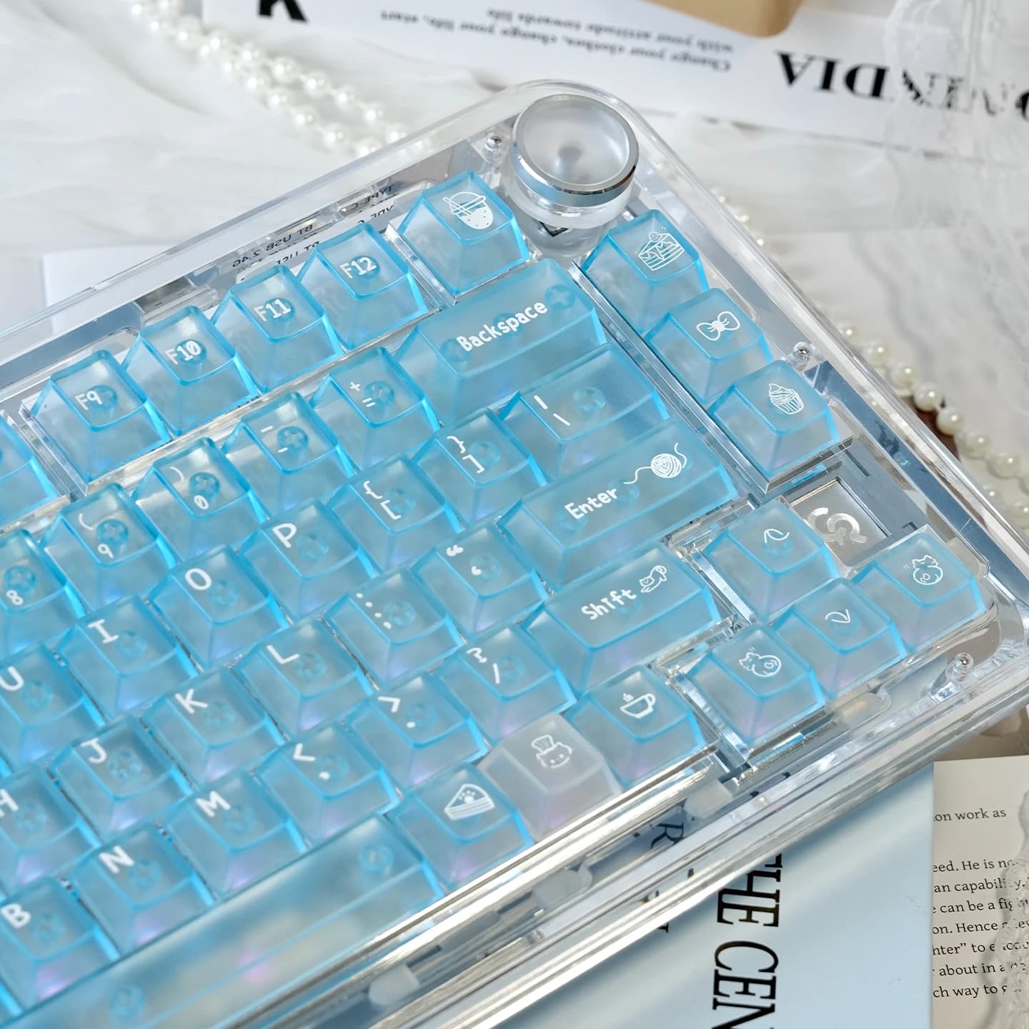 136 tasti Sfumatura Blu Crystal Clear Copritasti Cherry Profilo Copritasti trasparenti Cute Kitty Cat Copritasti per tastiera meccanica