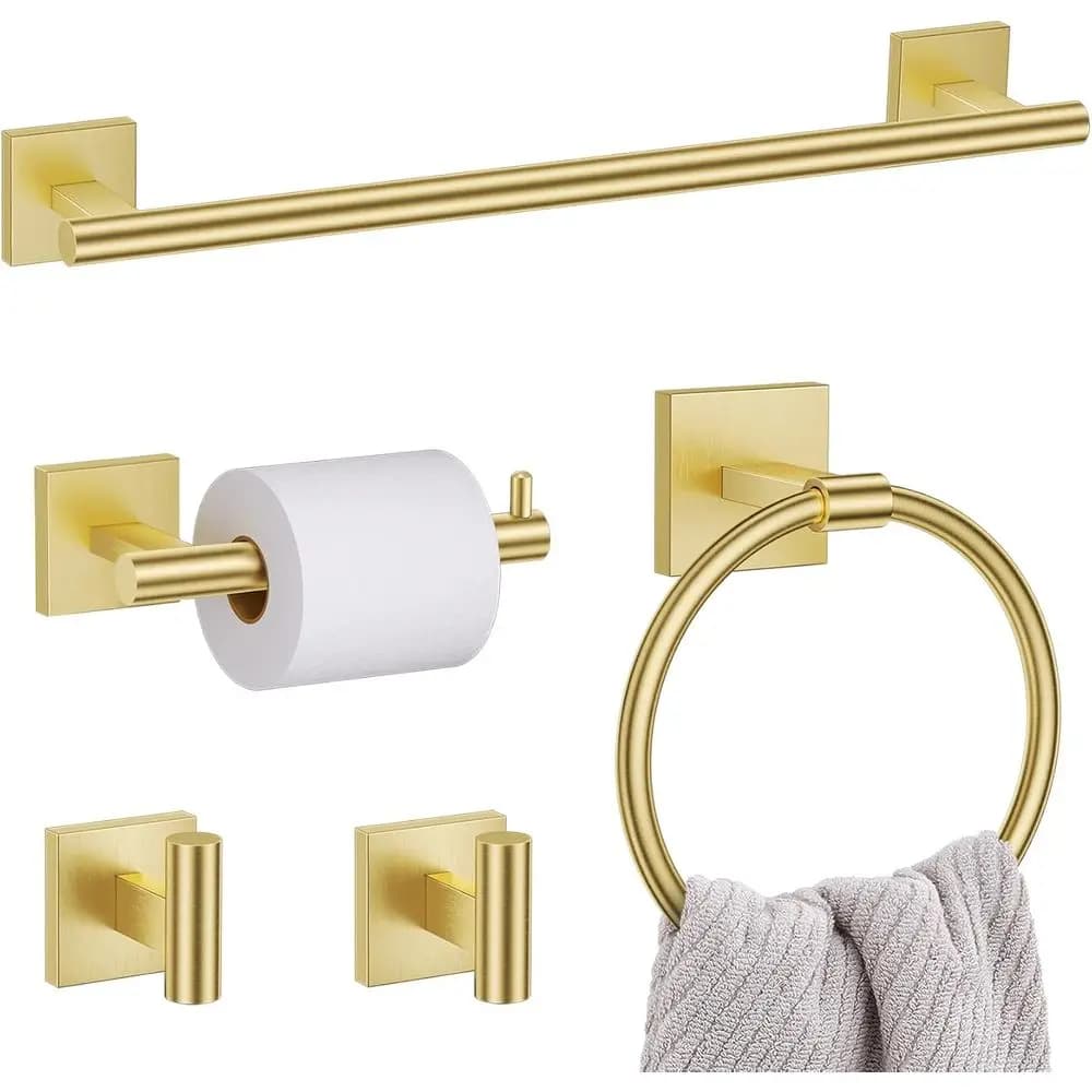 Set di accessori da bagno a parete in oro spazzolato, 5 pezzi: portasciugamani da 23,6 pollici, anello porta asciugamani, porta carta igienica, 2 ganci