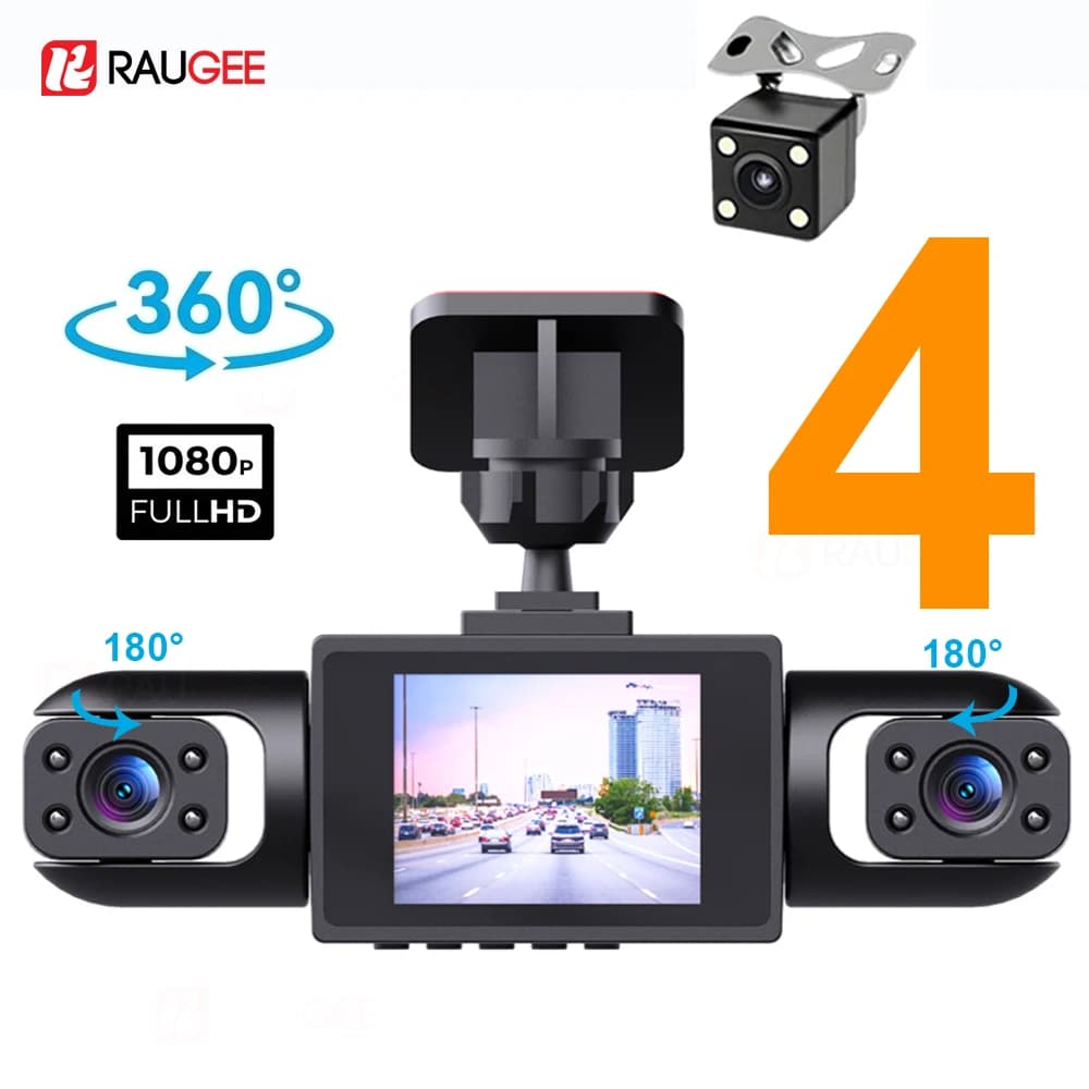 Dash Cam 360 ° Telecamera per Auto con Registrazione 24 Ore su 24, Videocamera Anteriore e Interna 1080P, Visione Notturna, Registrazione in Loop, Dash Cam a 4 Canali