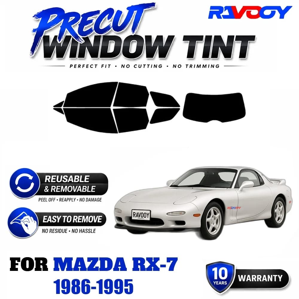 RAVOOY Precut Window Tint, Reusable Removable EPU Film, Custom Fit for Mazda RX-7 1986-1995, UV Heat Protection
