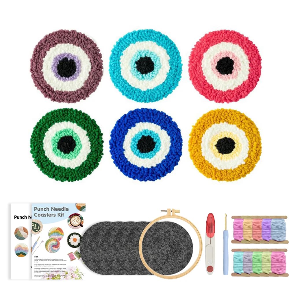 RUOPOTY 6pcs Punch Needle Coaster Colored Dots Punch Needle Kit Picture Crafts Diy Kits Landscape Beginner Embroidery Kits Handm