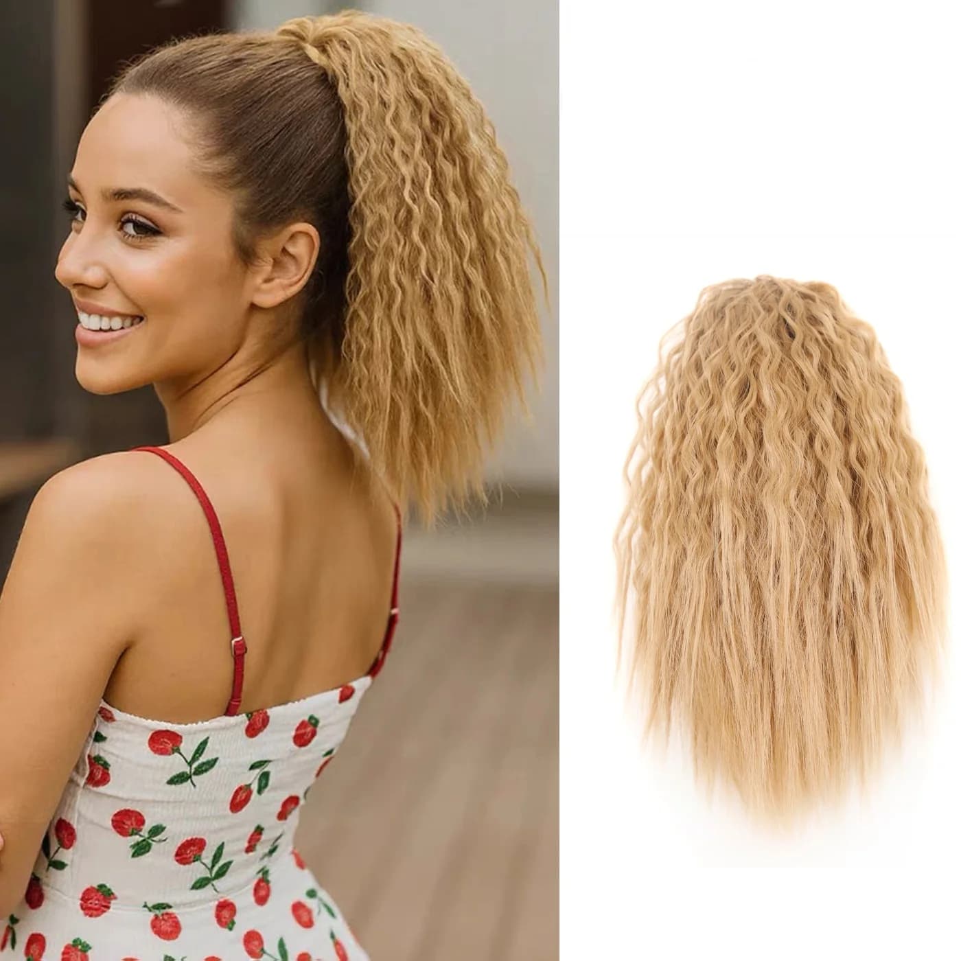 Synthetic wig with horsetail with coulisse, crevice curls, corn wave, fake horsetail, heat-resistant clip in hair extensions for women and girls