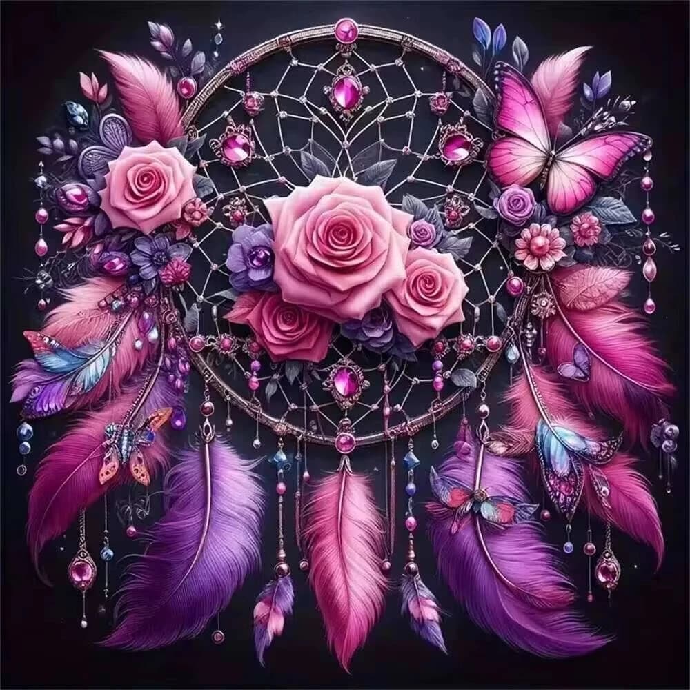 DIY Diamond Painting, Romantic Pink Rose Dream Catcher Gradient Pink Purple Feather Shiny Crystal Butterfly Dark
