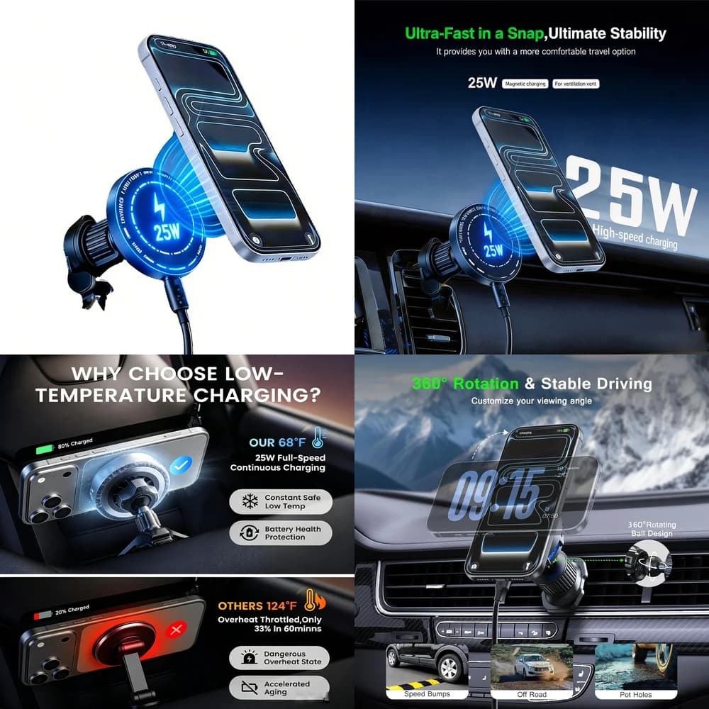 Strong 25W Magnetic Wireless Car Charger For iPhone 17 16 15 Pro Max Fast Charging Air Vent Mount Phone Holder Induction Charge