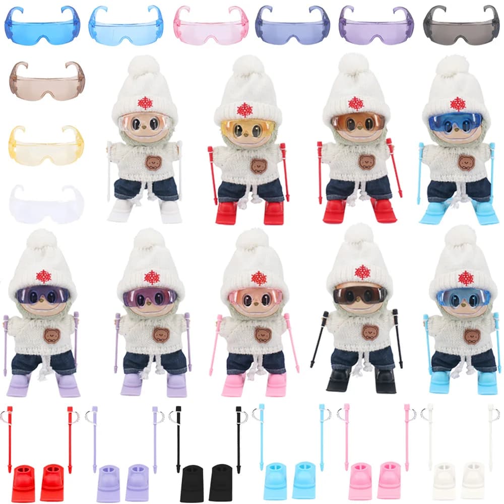 Per Labubu Doll Ski Set Occhiali + Skis + Bastoncini da sci 15-17CM Peluche Ripiene Accessori di abbigliamento per bambole Pop Sking Toys Regalo della ragazza