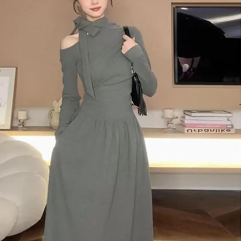 Slim Fit Pure Color Waist Cinched Long Dress Women's New Style Inner Wear Dress High Waist A-Line Skirt Polyester Fiber
