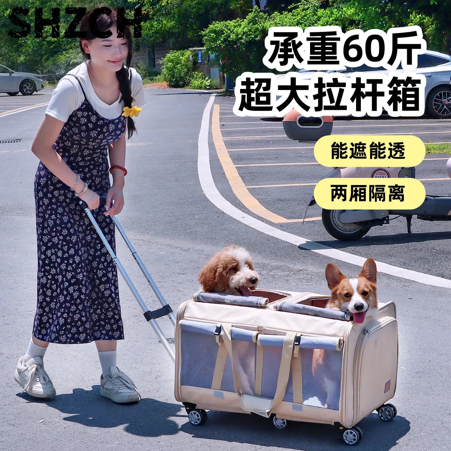 Large Capacity Pet Trolley Bag 2 Compartment Cat Dog Carrier Suitcase with Wheels Portable Travel Luggage 30kg