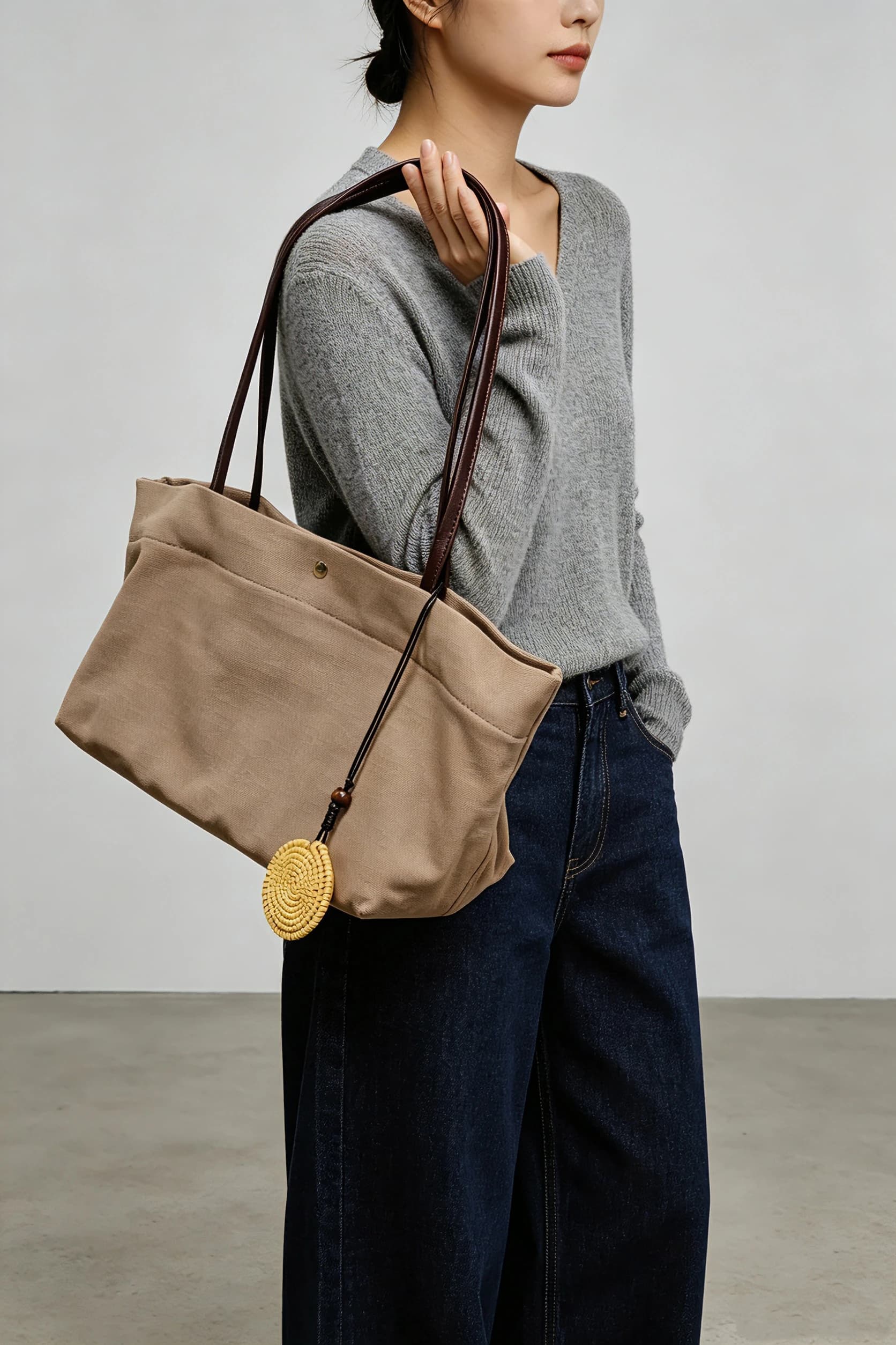 Minimalist Canvas & Leather Shoulder Underarm Tote BagWomen's handbag