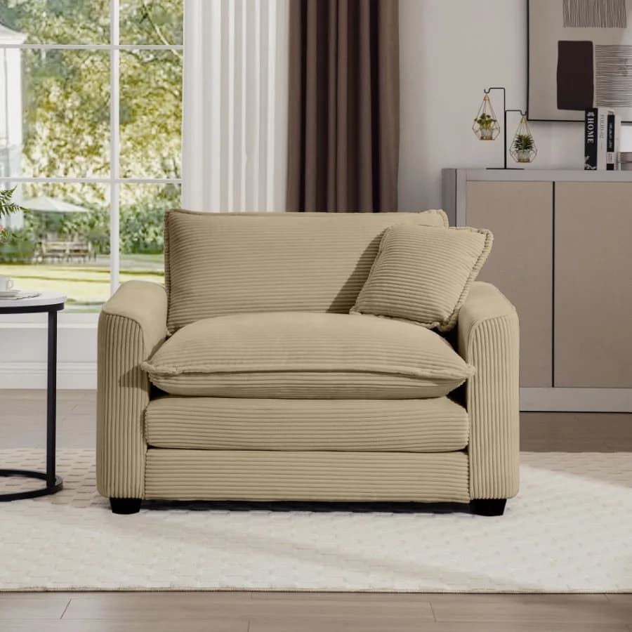 Comfortable deep sitting sofa with single chair in light brown ribbed velvet fabric with a pillow suitable for living room and bedroom Club Multiple
