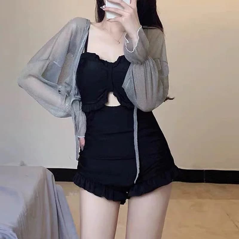 Costume da bagno sexy a maniche lunghe da donna, nuovo modello alla moda, copricostume snellente per le vacanze, in seta latte, con imbottitura fissa sul petto, colore puro