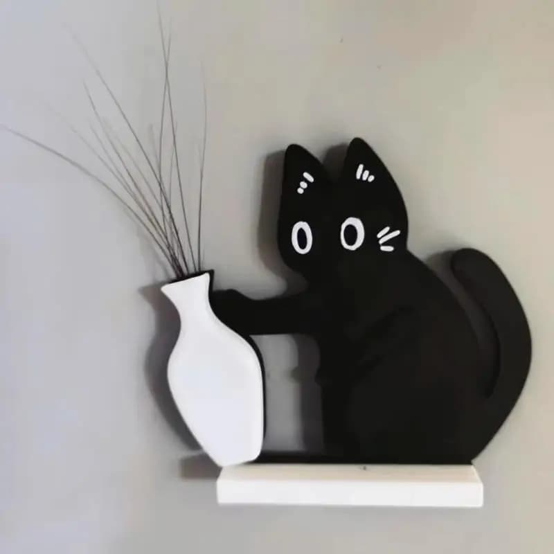 Cat Whiskers Collection Ornaments Magnetic Cartoon Cat Hair Storage Memorial Box Black Cat Pushing Vase Decor