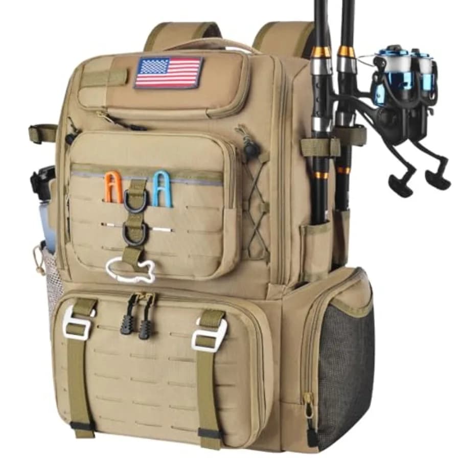 Zaino da Pesca Integrato con Porta Canne, 29L, Multi-Scomparto, con Copertura Antipioggia