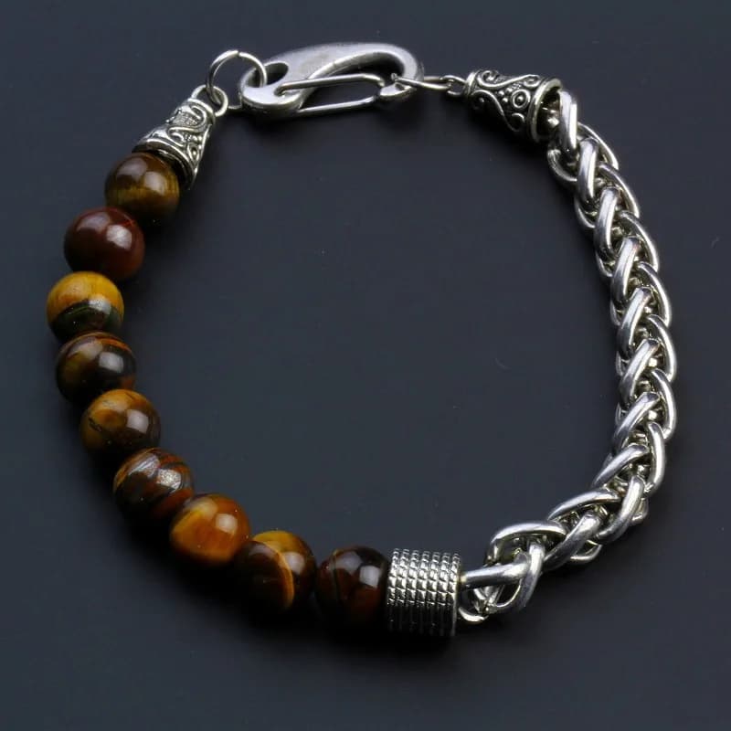 Bracciale a catena in acciaio inossidabile 316L per uomo Bracciale con perline in pietra naturale occhio di tigre Regali di gioielli a mano hip-hop alla moda per uomo