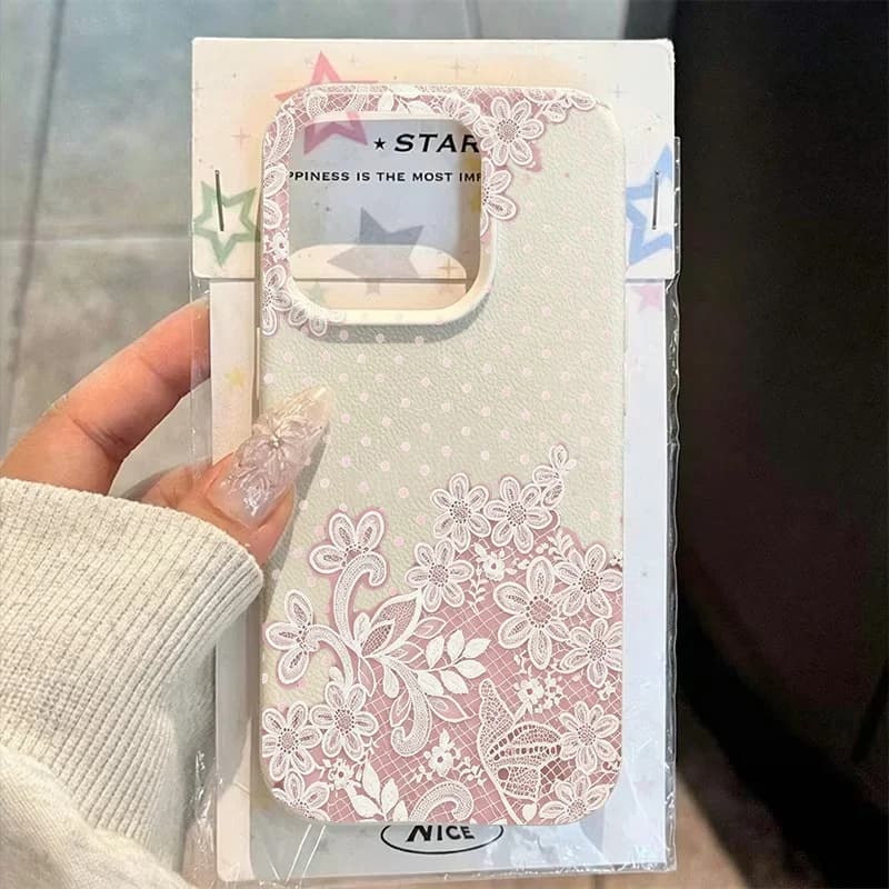 Romantic Pink Polka Dot Lace Pattern Phone Case For iPhone 17 16 15 14 13 12 11 Pro Max PLUS Air INS Fashion Lychee Soft Cover