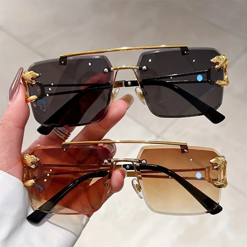 2 pcs Designer Square Sunglasses Women Men Rimless Tint Color Cheetah Decoration Fashion Travel Hollow Out Sun Glasses Uv400
