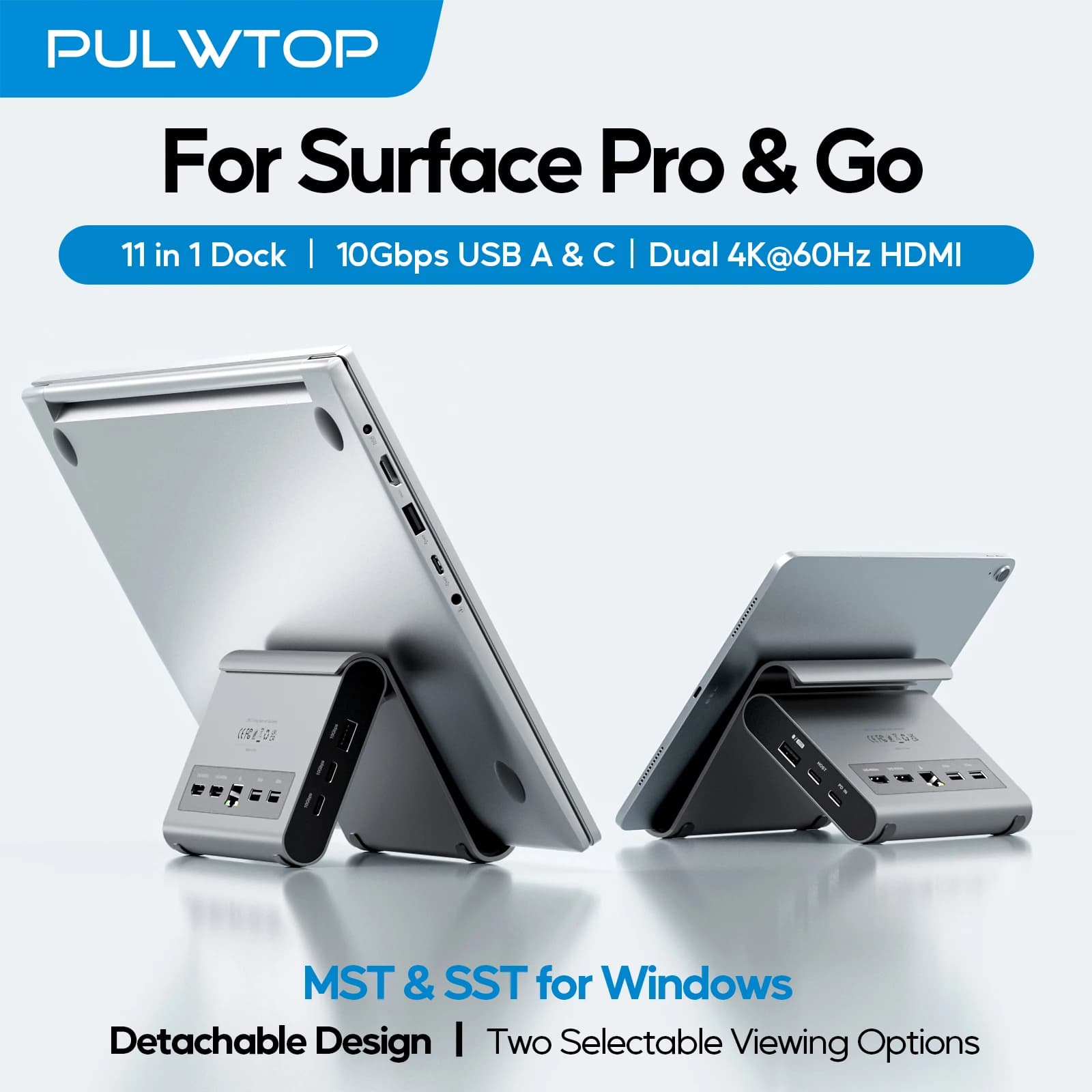 PULWTOP Docking Station USB C Dual Monitor, con 2xHDMI 4K, USB-C/A 10Gbps, USB-A 5Gbps, RJ45, PD per Surface Pro/Dell/HP/Asus