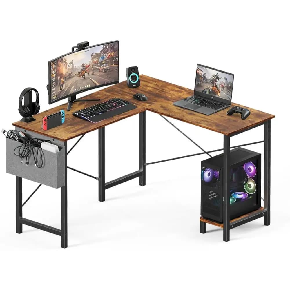 Scrivania a L, Tavolo da Gaming per Computer da 50 Pollici, Scrivania Angolare per PC con Borsa Laterale e Ripiano Reversibile per Casa, Lavoro e Studio