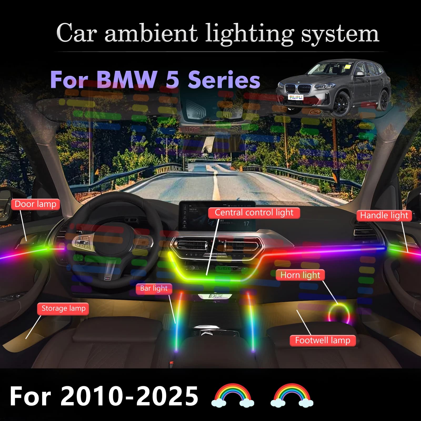 6 in 1 per BMW F10 ‌ F18 ‌ G30 ‌ Luci Ambientali LED G38 per Auto, Illuminazione Atmosferica Colorata, Striscia Neon per Interni Auto, 64 Colori RGB