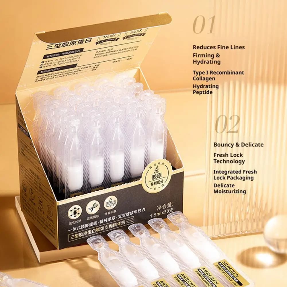 Gentle collagen ampoules for sensitive skin, non-irritating formula, improves skin comfort and gives a bright look.