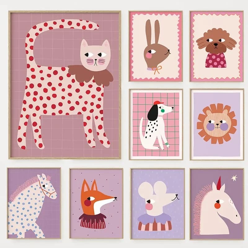 no frame Cartoon Cute Animals Illustration Poster Dog Cat Mouse Lion Unicorn Canvas Painting Wall Art for Kids Room Nursery Home
