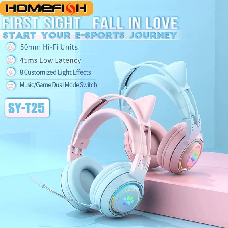 HOMEFISH SY-T25 Wireless Gaming Headphones with Cat Earrings, Low Latenza 45ms, 10 Hours Autonomy, LED RGB, ENC Microphone for PC PS Switch Phone, Girls Gift