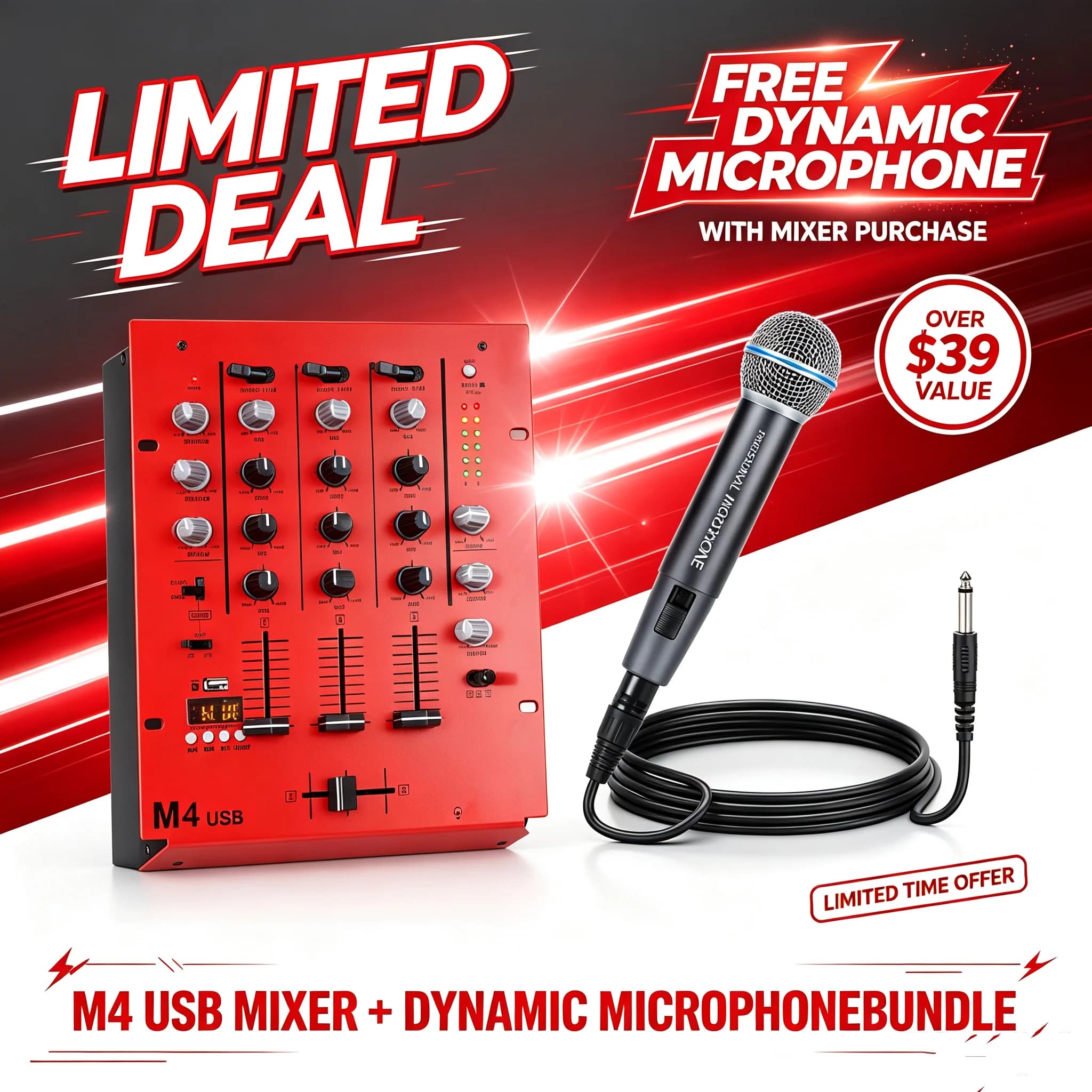 NXG 4-Channel Professional DJ Audio Mixer | Comes with a Wired Dynamic Microphone, Bluetooth USB DJ Sound Mixing Console, Perfect for Live Streaming, Karaoke, Studio Recording, Plug-and-Play Combo Set Black Friday/Halloween Promo Set Red