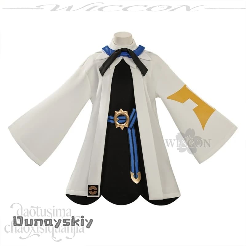 D St S@ Gioco Anime Gwynnnn Cosplay Kawaii Goth Lolita Bianco Carino Mantello Cappotto Nero Mini Abito Guanti Blu Cintura Parrucche Halloween