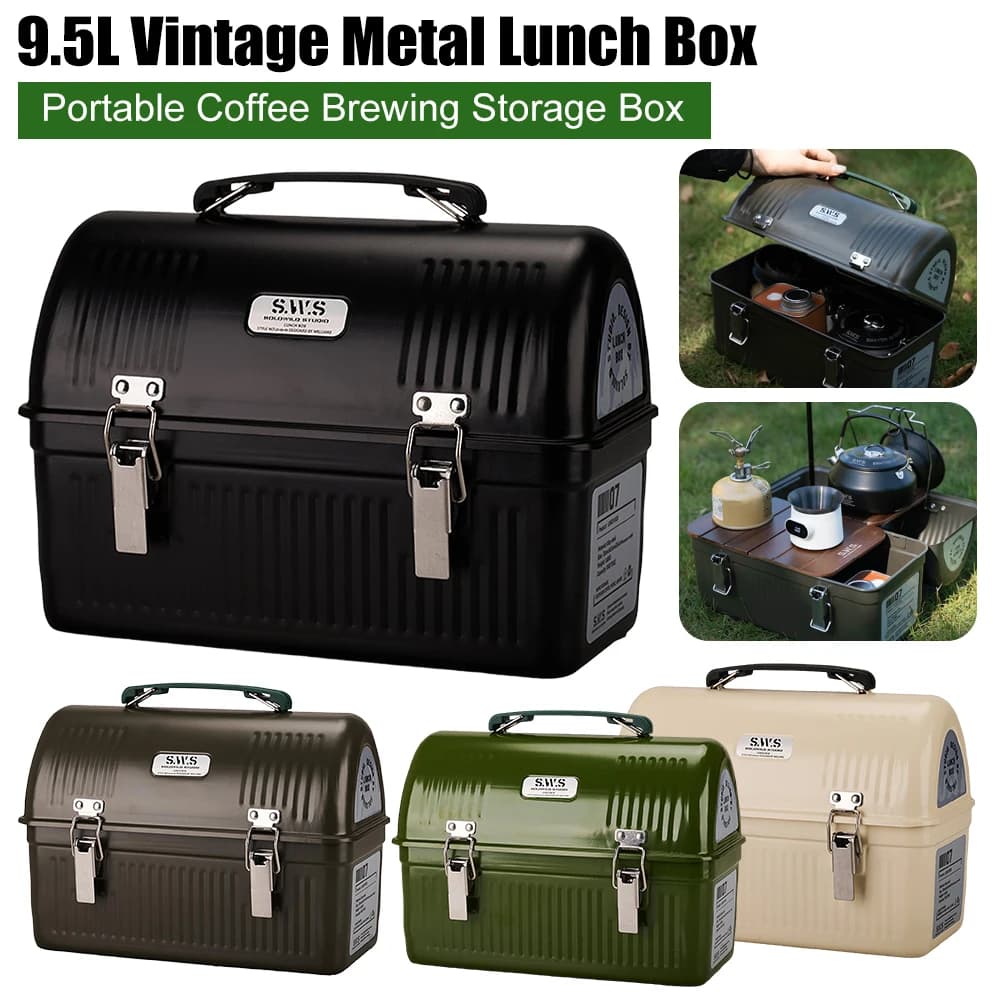 Lunch Box in metallo vintage da 9,5 litri con manico e chiusura Scatole portaoggetti portatili per attrezzi da picnic per campeggio all'aperto