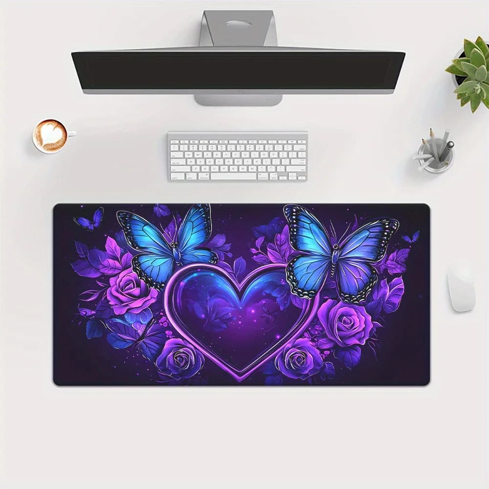 Tappetino per mouse da gioco esteso Butterfly Heart Purple Rose, grande tappetino da scrivania in gomma antiscivolo per ufficio