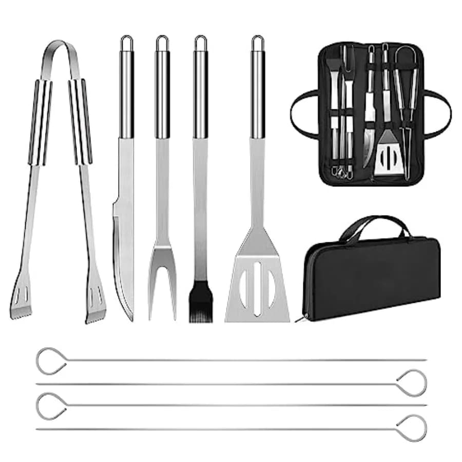 Set di Utensili per Barbecue in Acciaio Inox, Accessori Professionali per Griglia con Borsa Facile da Trasportare