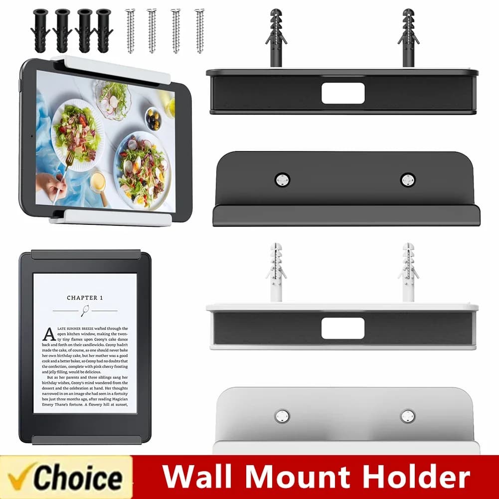 Staffa per montaggio a parete da 2 pezzi fissa da adesivo o supporto per tablet con stabilizzatore a vite per tablet/telefono cellulare/e-reader/telecomando