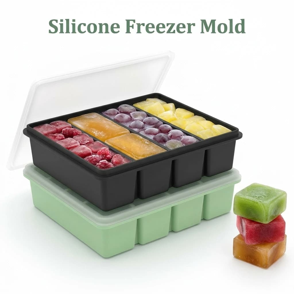 Set di 2 Vaschette in Silicone per Congelatore con Coperchio, Contenitore per Zuppa a 4 Scomparti, Stampo per Cubetti di Ghiaccio per Preparazione Pasti e Congelamento Zuppe