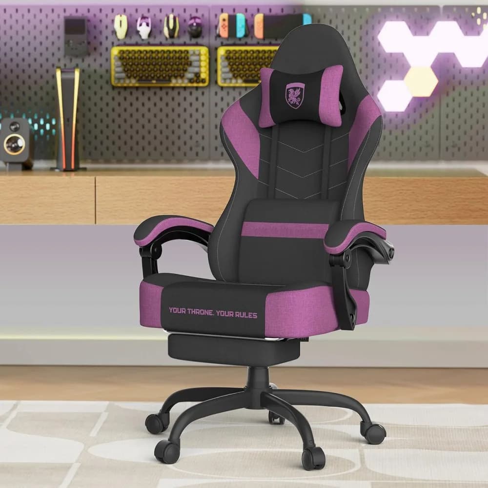 Soontrans Sedia da gioco ergonomica viola in tessuto di lino con cuscino lombare per massaggio, sedia per computer con sedile ampio 20, sedia da gioco wi