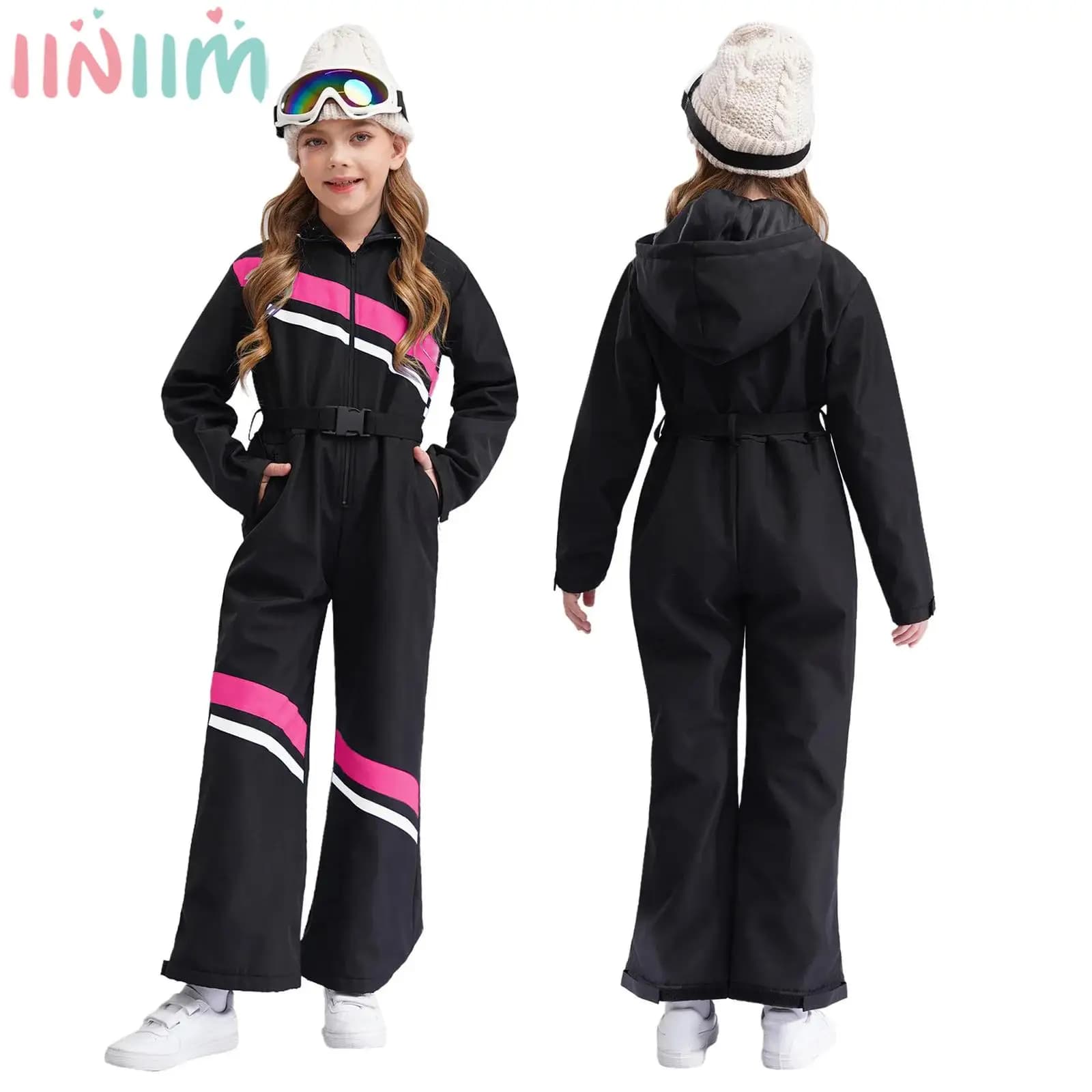 Costume da sci per bambina, snowboard, manica lunga, cerniera, tuta antivento con cappuccio e cintura, sport sulla neve, pattinaggio su ghiaccio