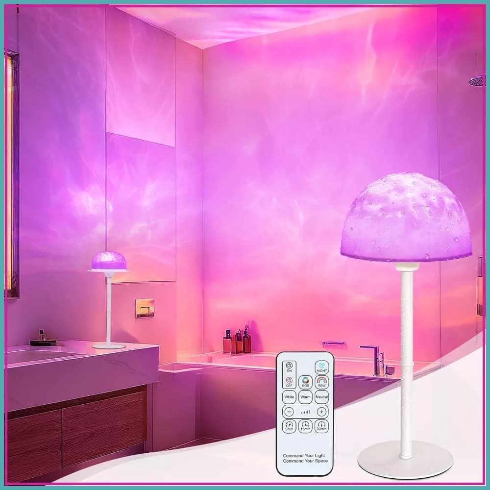 Lampada da Doccia Ricaricabile Senza Fili 2-in-1 con Altezza Regolabile, Proiettore di Onde Oceaniche a 10 Colori per Bagno
