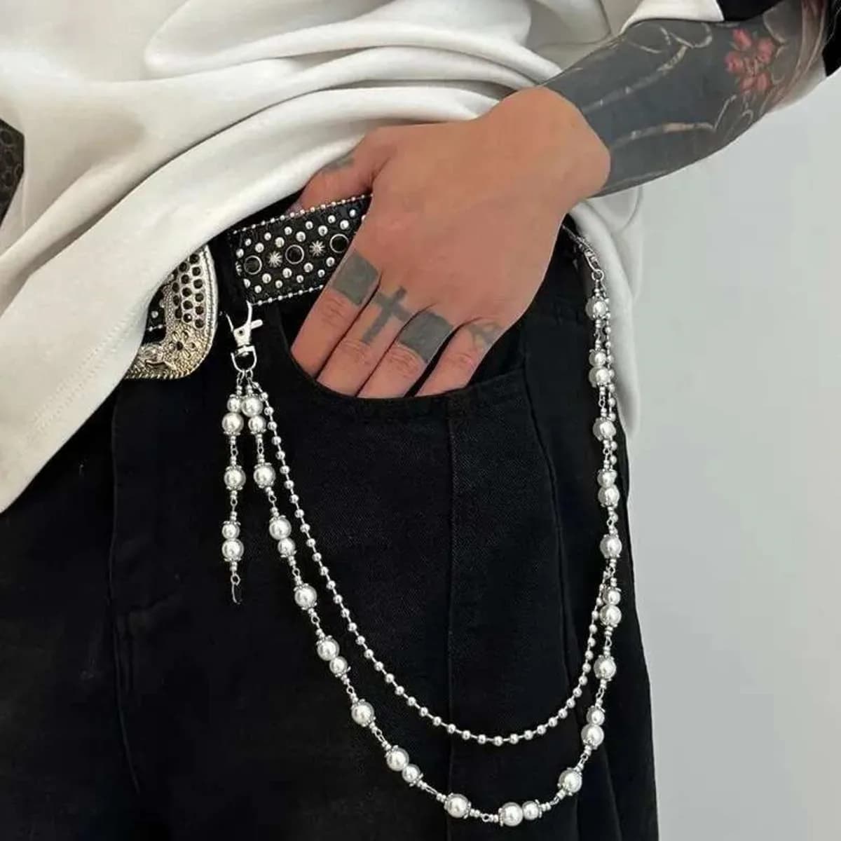 Salircon Punk Multilayer Imitation Pearl Charm Jeans Pants Keychain Man Goth Chain Life Wallet Chain Jewelry Male Grunge