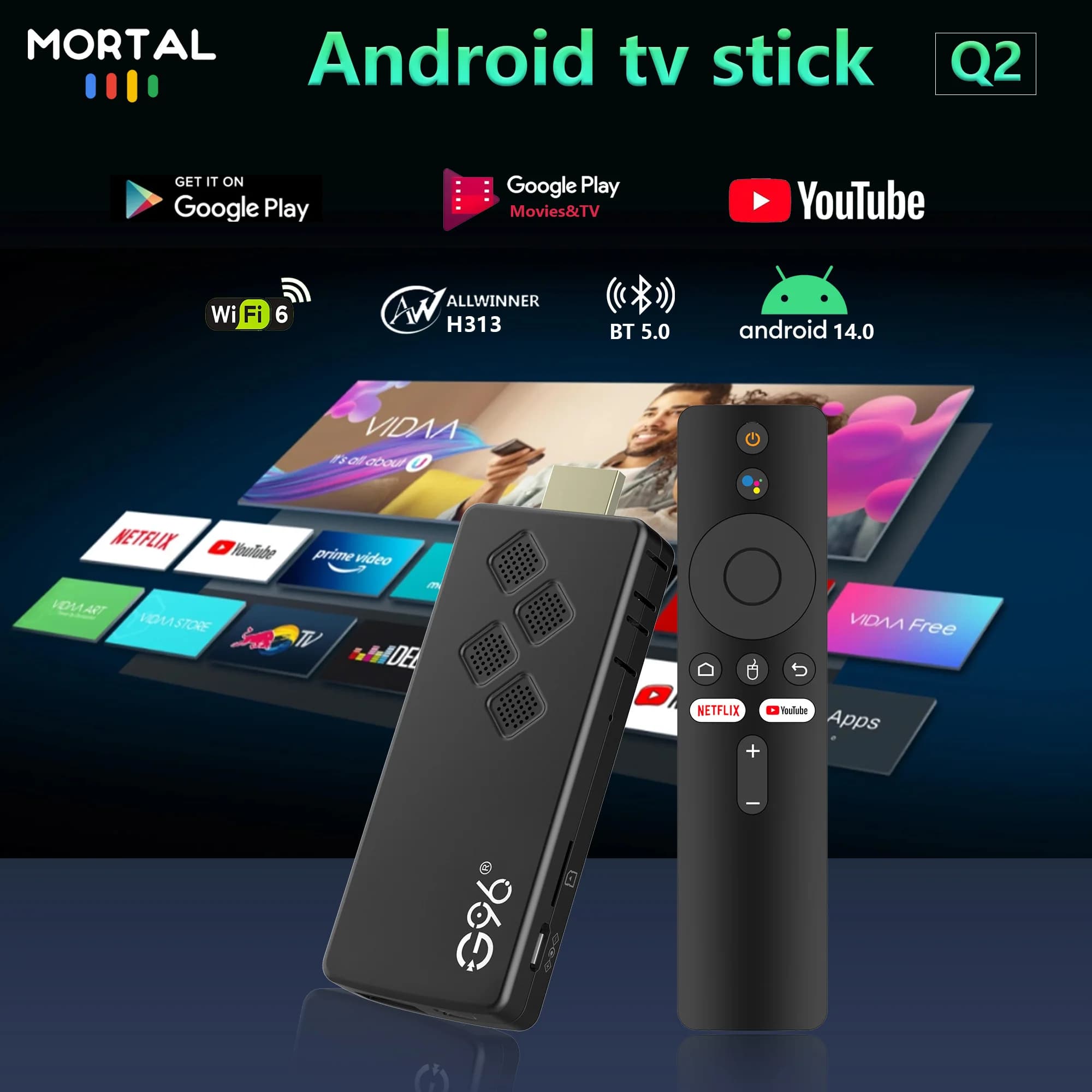 Mortal Android 14 4K 1080P HDMI compatibile ATV Mini TV Stick Q2 Wifi6 BT5.0 Allwinner H313 Google Voice Media Player Smart TV Box