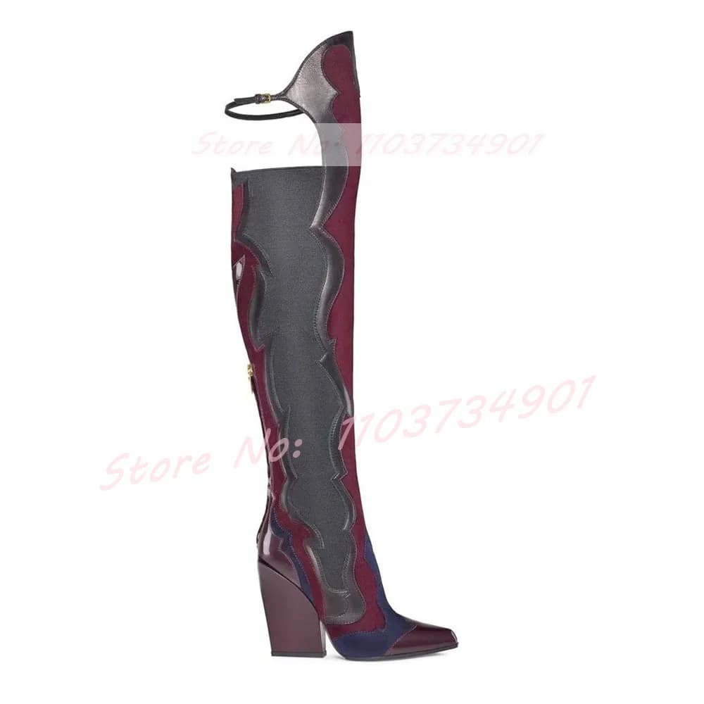 Colori misti Stivali alti alla coscia Donna Stretch Trim Cerniera posteriore Punta a punta Stivali con tacco alto Lady Nightclub Moda Scarpe punk