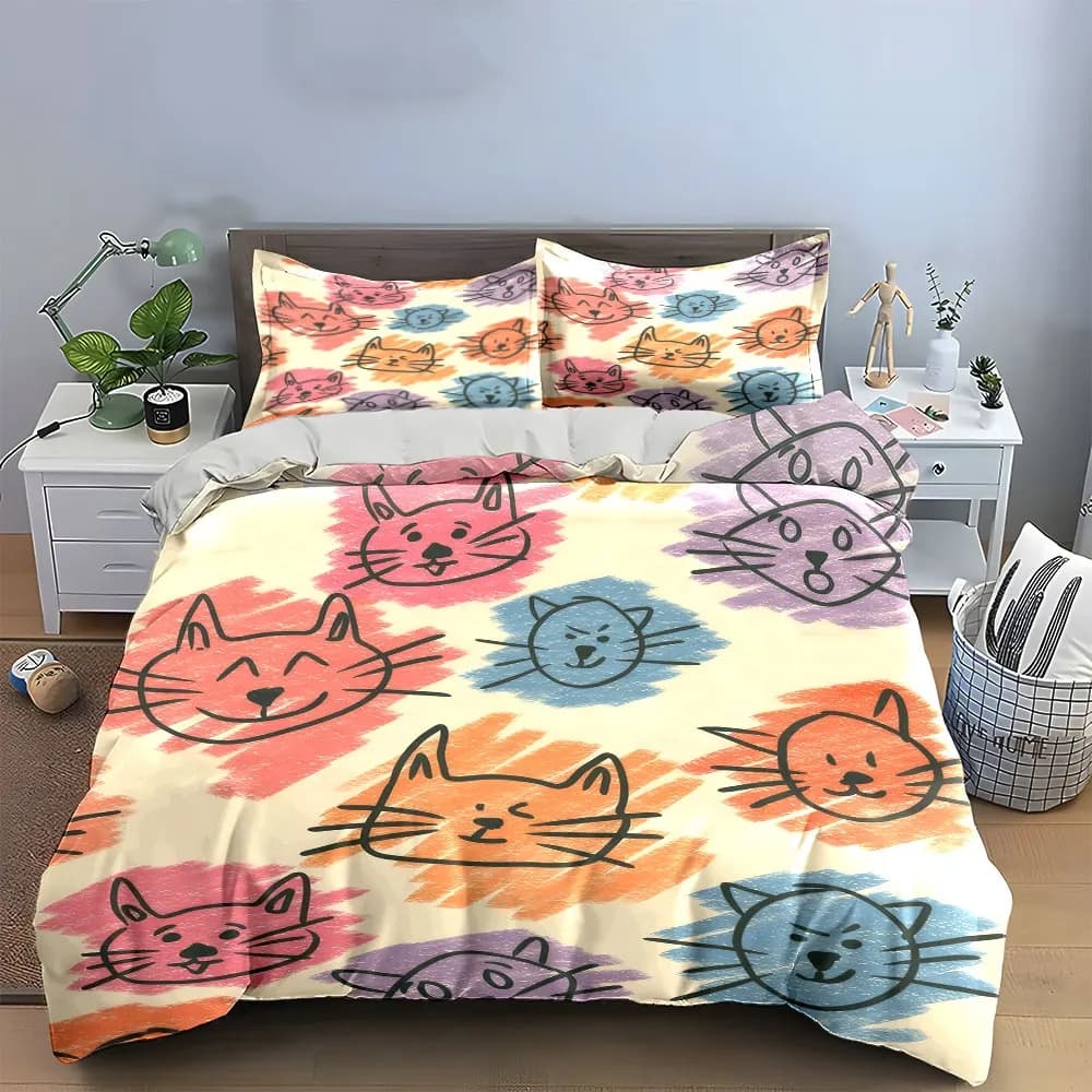 Set di biancheria da letto con motivo gatto colorato, con 1 copripiumino e 2 federe, singolo, matrimoniale, king, queen, regalo