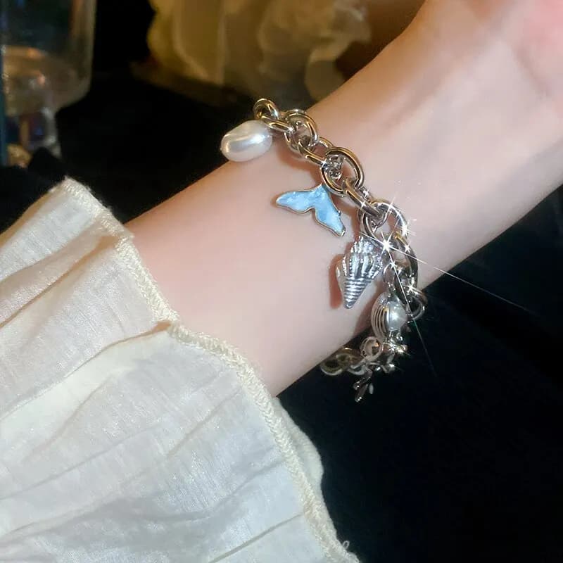 Gold Tone Chain Ocean Bracelet Starfish Shell Conch With Imitation Pearl Summer Beach Statement Jewelry For Women Holiday Birthday Gift