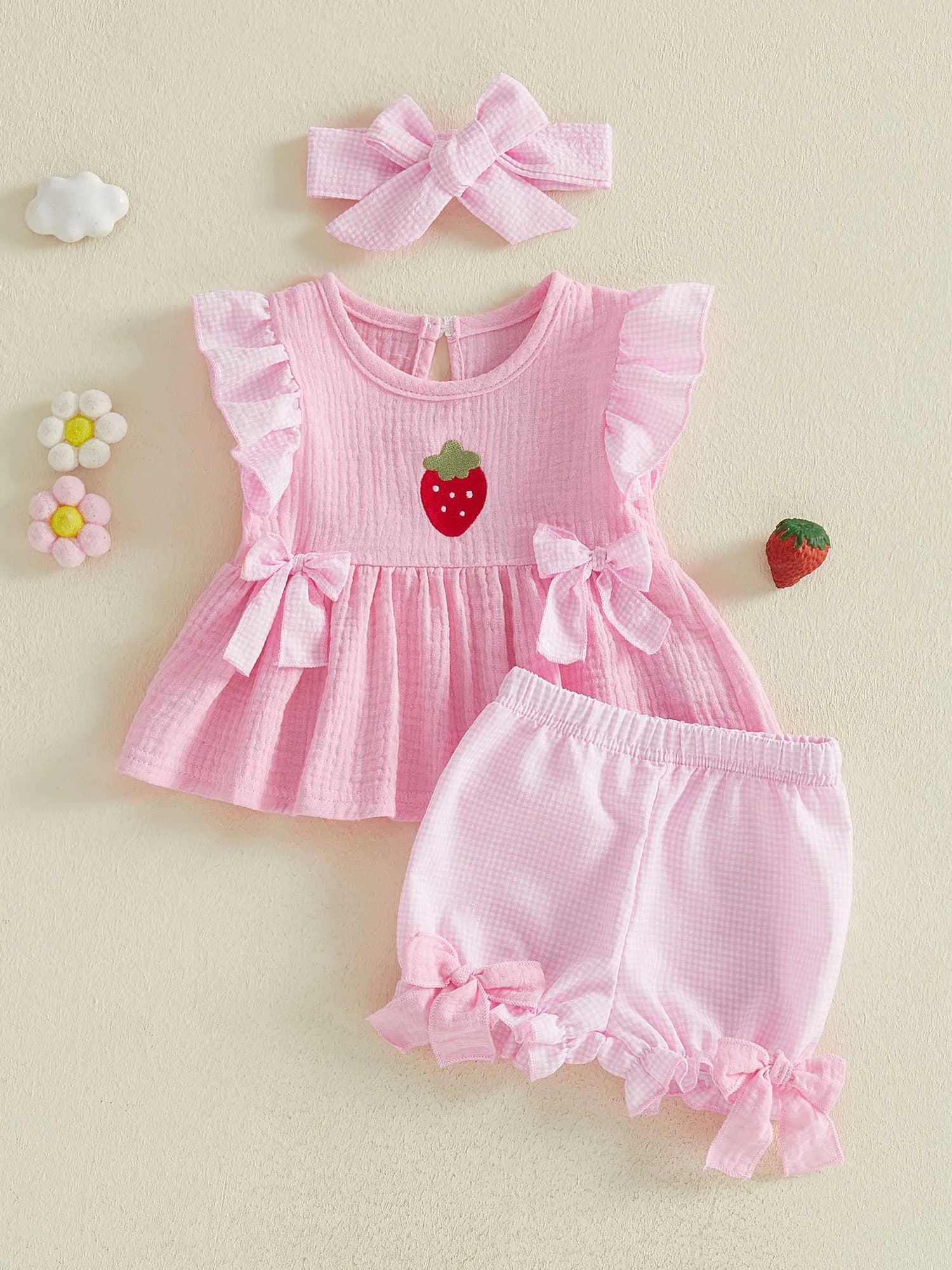 Top floreale da ragazza con maniche a volant e pantaloncini di jeans con fascia per capelli con fiocco, completo estivo per bambini