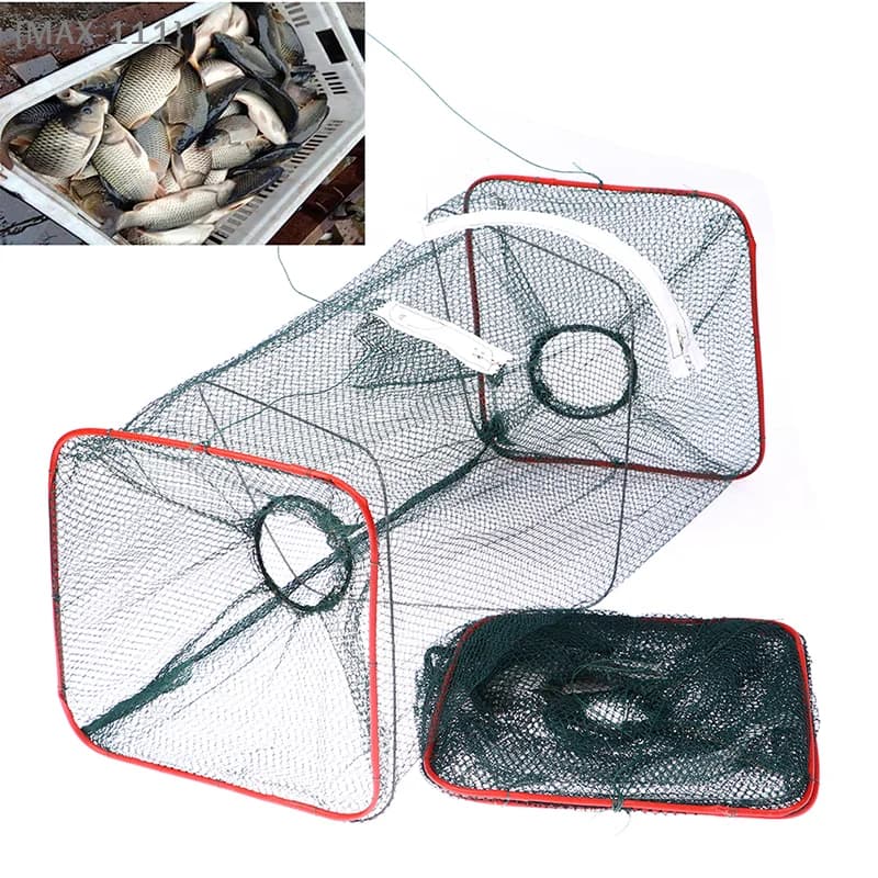 【F2-MAX111】Rete da pesca pieghevole portatile, gabbia a rete per pesci, trappola per gamberetti in nylon e filo d'acciaio, gabbia a mano per la pesca