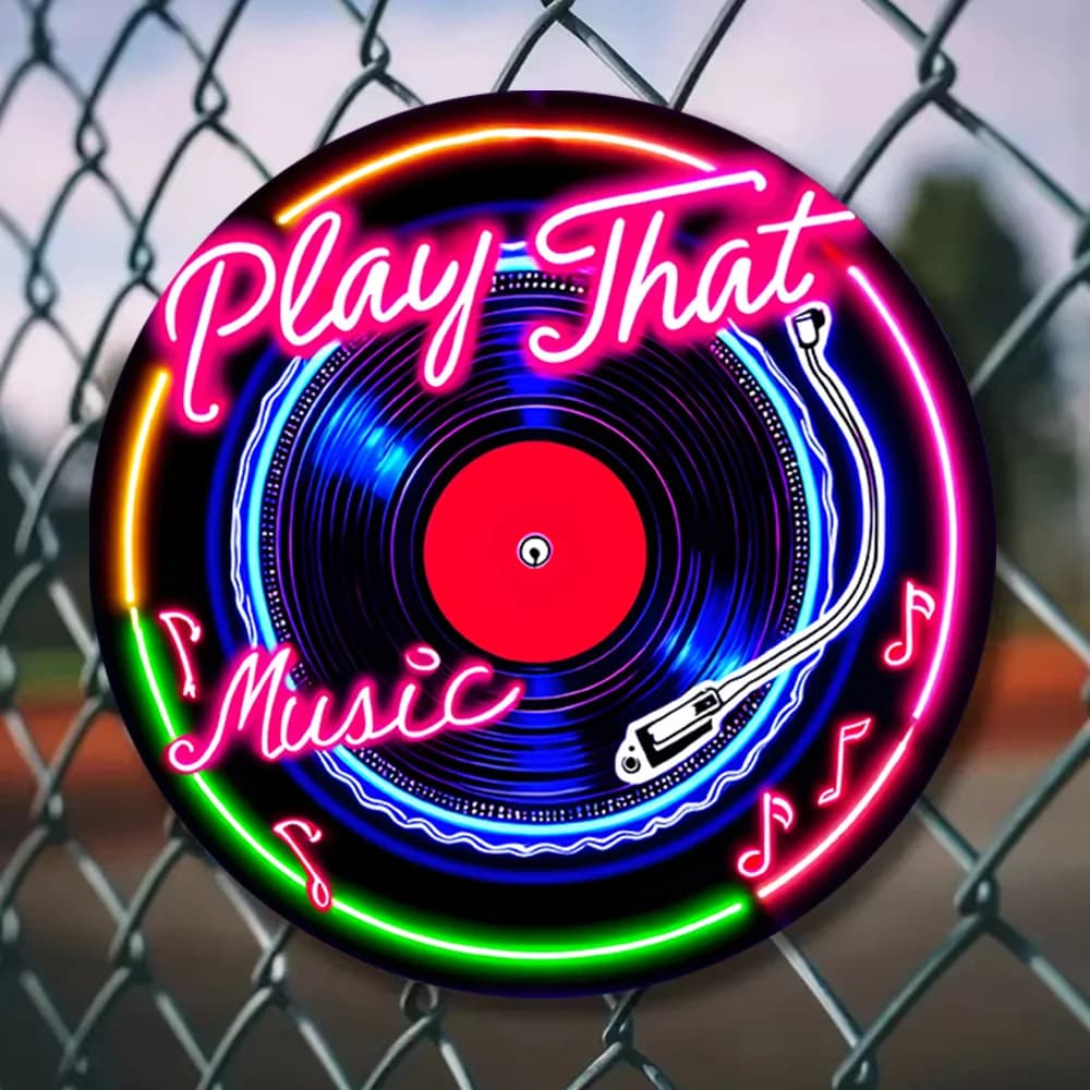 Insegna al Neon 2D Piatta, 1 Pezzo, in Vinile Retrò - "PLAY THAT MUSIC" Arte Murale Vintage in Metallo, e Decorazione Rotonda Resistente allo Sbiadimento