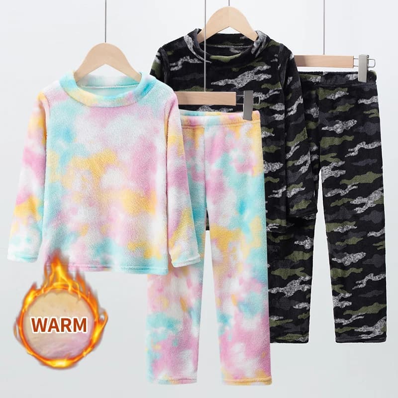 2 pezzi autunno e inverno per bambini mimetico sfumato flanella calda set di moda ragazzi e ragazze casual top t-shirt pantaloni caldi