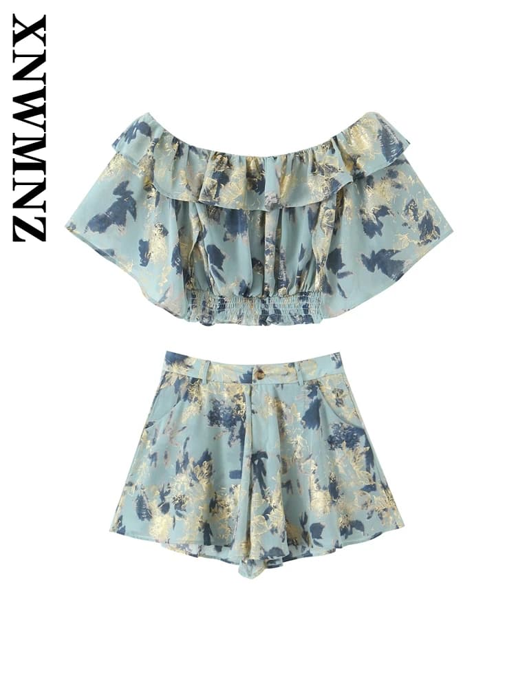 XNWMNZ 2025 Summer Lady Trendy Top Shorts Streetwear Donna Corta in due pezzi Stampa Camicette a maniche corte Spalla Camicetta in chiffon