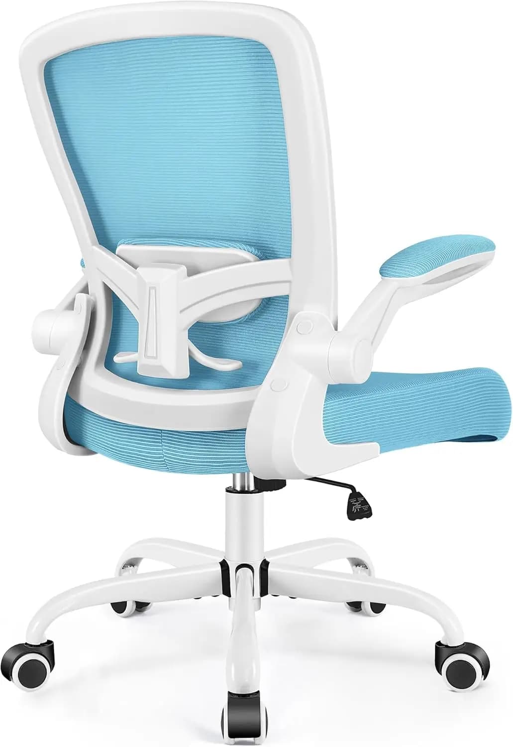 Sedia da ufficio ergonomica in rete con supporto lombare regolabile, braccioli ribaltabili, schienale alto e base girevole - Blu