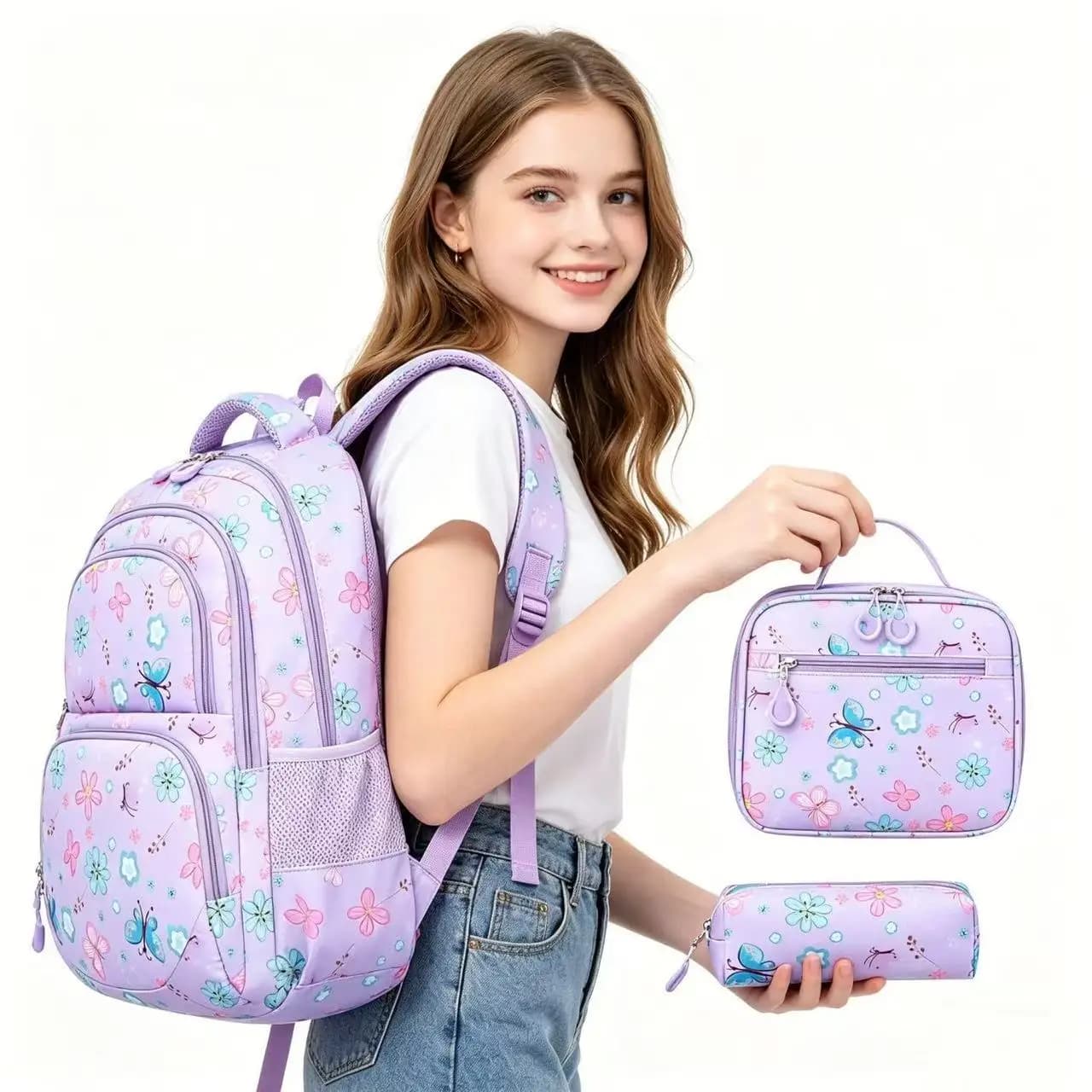 3-Piece Kids School Bag Set Butterfly Flower Print Water Resistant Lightweight Backpack With Insulated Lunch Bag Pencil Case